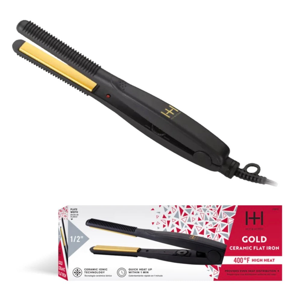 Hot & Hotter Gold Ceramic Electric Flat Iron 1/2in, 1 Count Hair Straightener, Black