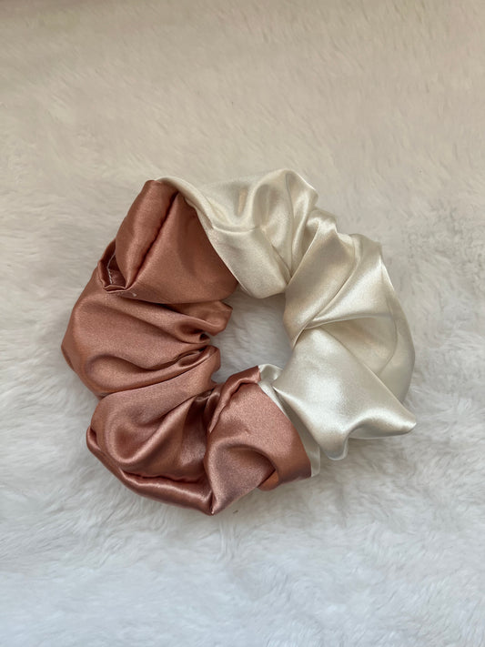 Café Crème/ White Two Toned Satin Scrunchie